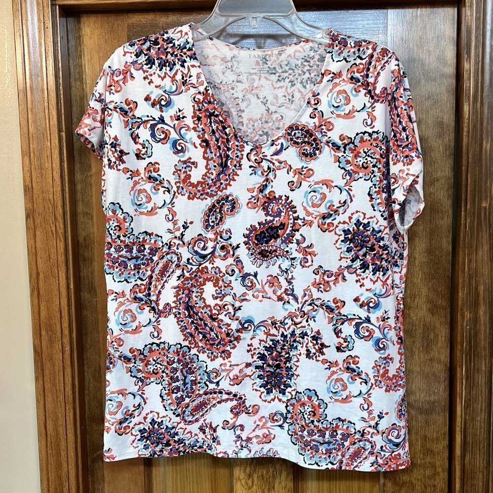 Talbots Colorful Paisley Cap Sleeve Knit T-shirt V‎ Neck Size M EUC